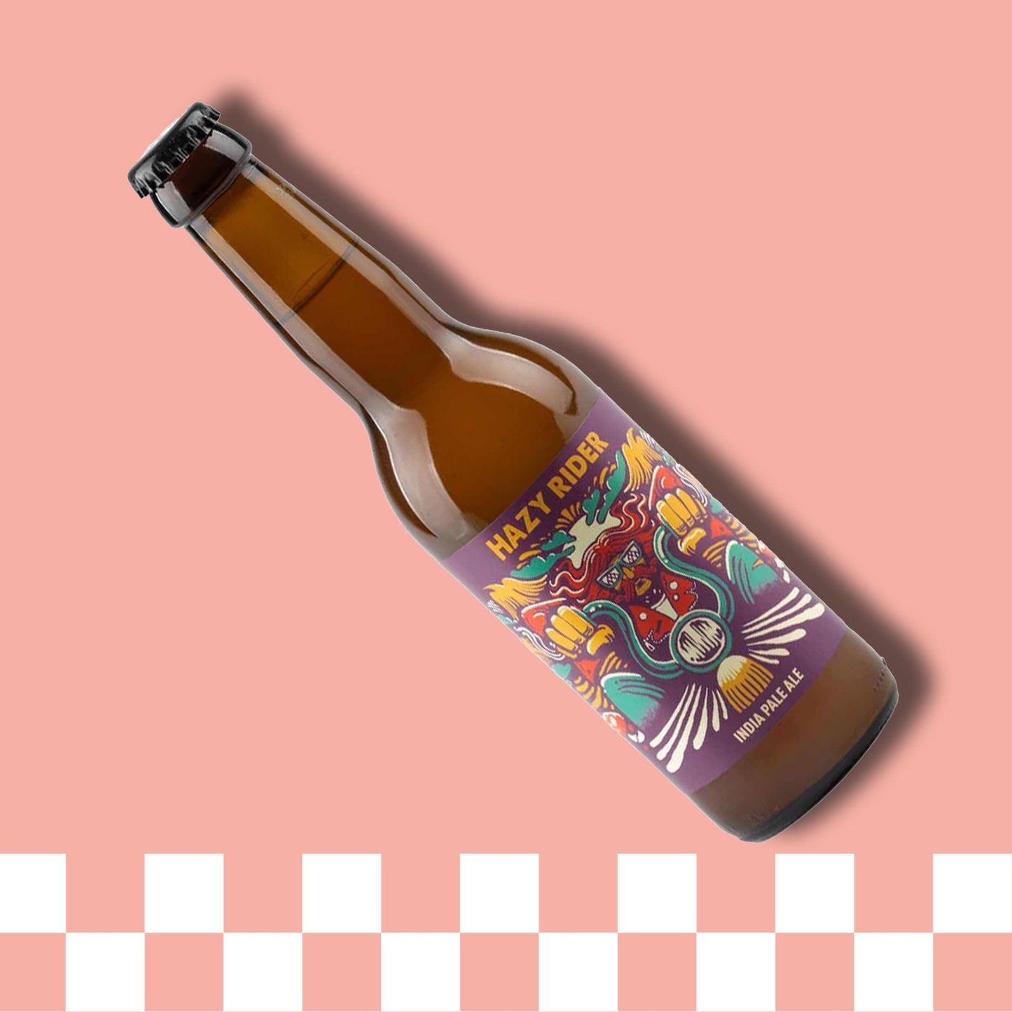 Bière Hazy Rider bouteille sur fond rose